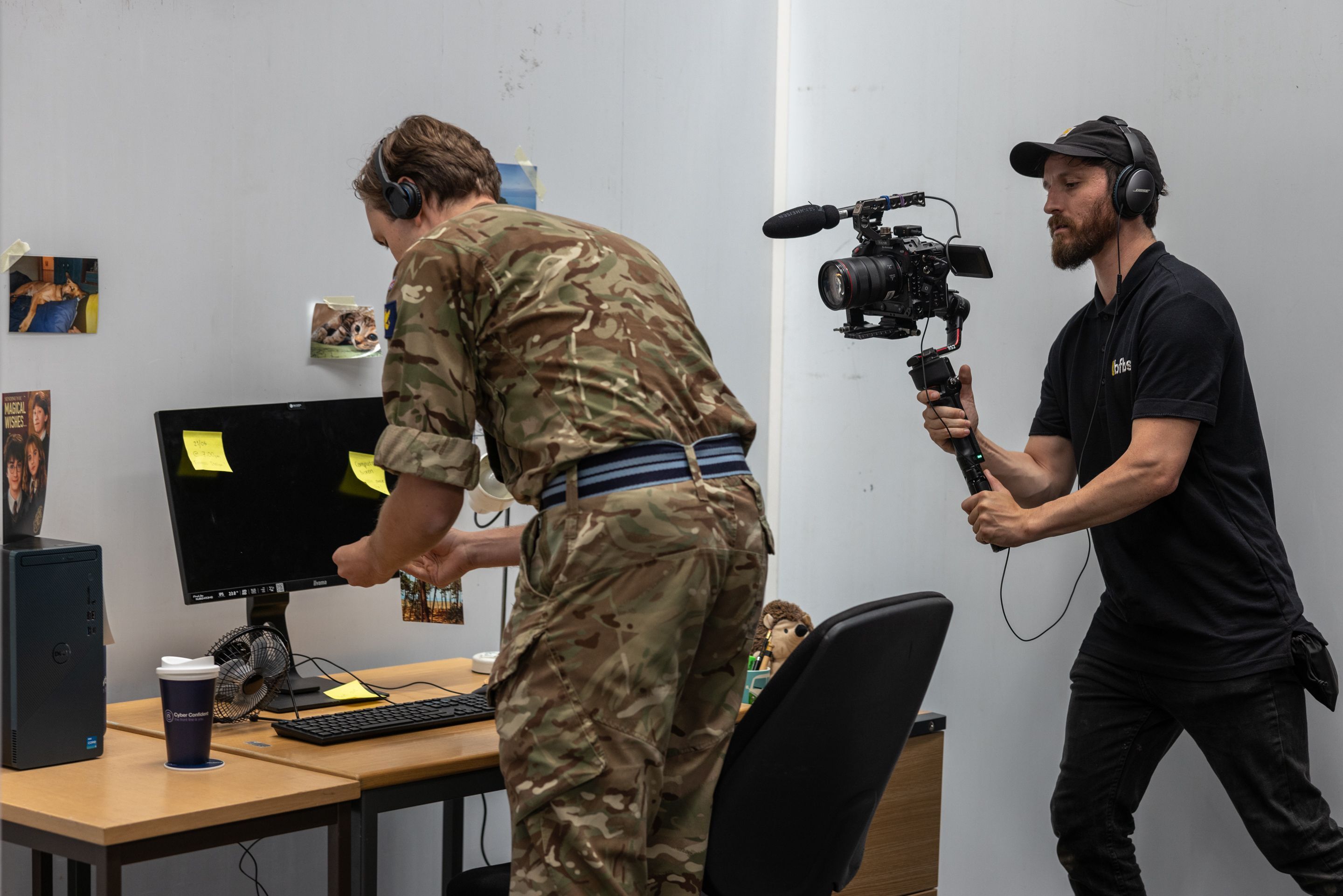 Filming on set with military personnel
