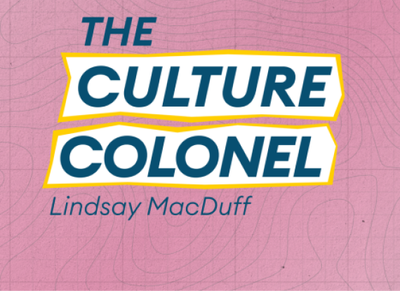 Podcast artwork for The Culture Colonel with Lindsay MacDuff, featuring a stylised illustration of Lindsay MacDuff on a pink textured background and BFBS Creative branding.