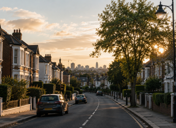 Image of residential street with rows of houses and parked cars, at sunset.
