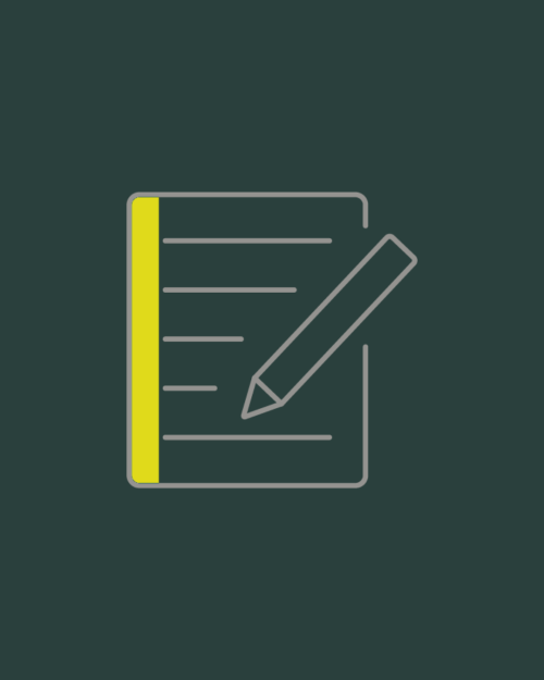 Illustration of a document and pencil used to represent requesting or developing new research reports and resources.