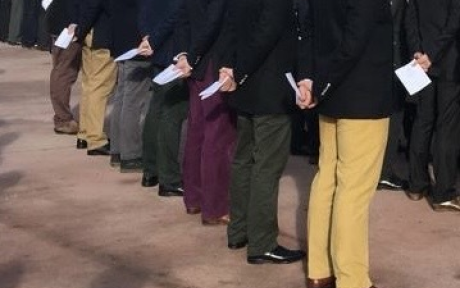 Row of people in corduroy trousers