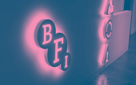 BFI signage inside the British Film Institute, where the EVCOM session on the history of talking heads took place.