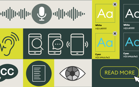 Illustrated accessibility graphic showing icons for audio, hearing support, mobile devices, captions, readable text and visual accessibility, alongside examples of accessible colour contrast choices and a “Read More” button.
