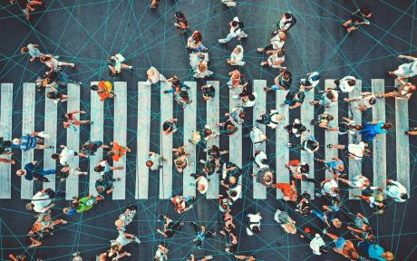 Busy zebra crossing with people crossing. Lines joining the people to show connection. Picture from birds eye view.