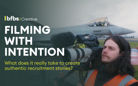 Video Producer Leon Leenders films an RAF engineer during a Specialist Recruitment project. The image accompanies an article exploring the creative process behind producing authentic recruitment films.