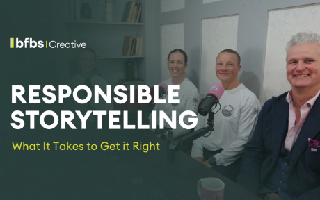 BFBS Creative banner for Responsible Storytelling, featuring Lindsay MacDuff with members of the Force Atlantic team during a recording of The Culture Colonel podcast.