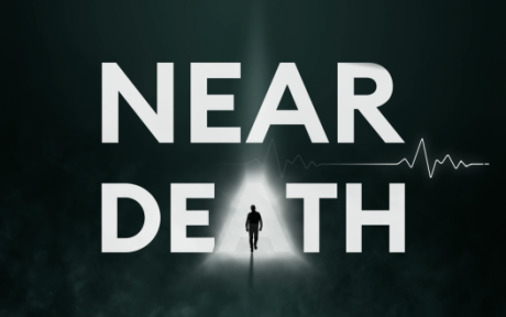 Near Death series artwork showing a lone figure walking towards a bright light, with a heartbeat line across the image.
